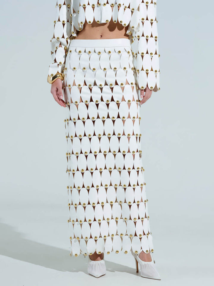 Exquisite Cut-Out Studded PU Maxi Skirt