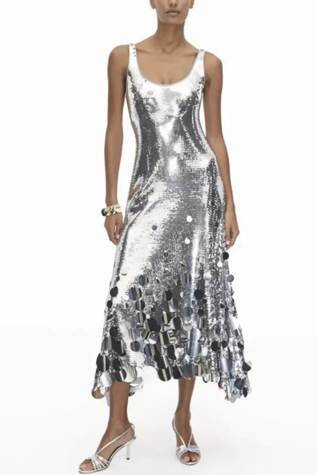 Exquisite Party Tips Sequin Irregular Round Tassels Hem Back Cutout Tank Maxi Dress