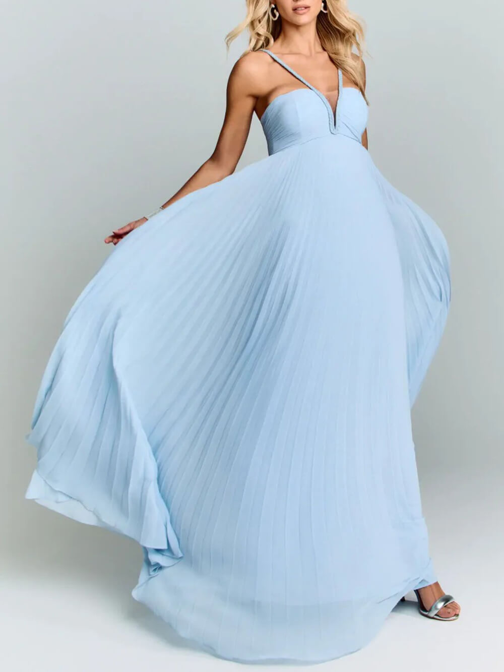 Elegant Braided Neckline Blue Pleated Maxi Dress