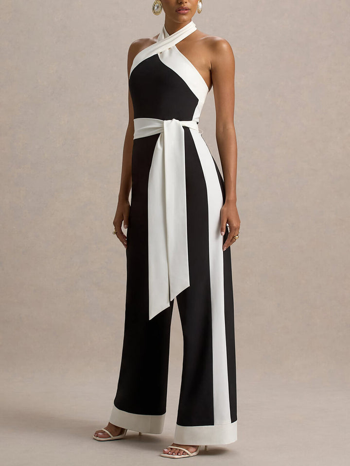 Elegant Black & White Halter-Neck Wide-Leg Jumpsuit