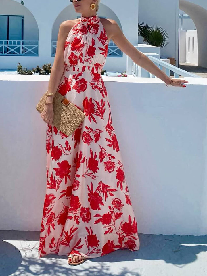 Exquisite Floral Print Waisted Holiday Maxi Dress