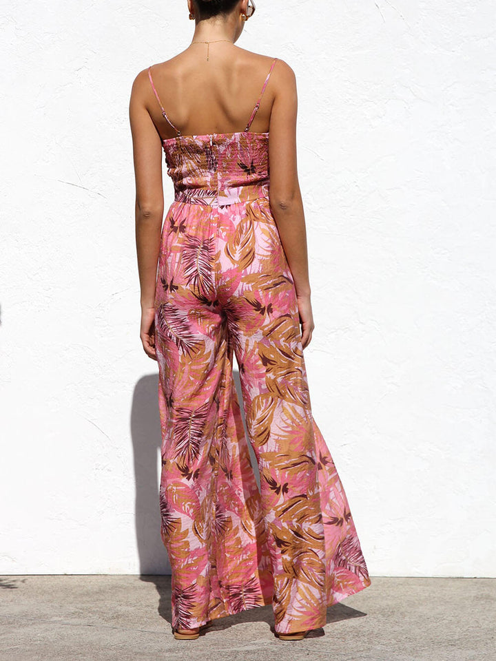 Delicate Botanical Print Strappy Resort Style Wide-leg Pants Jumpsuit