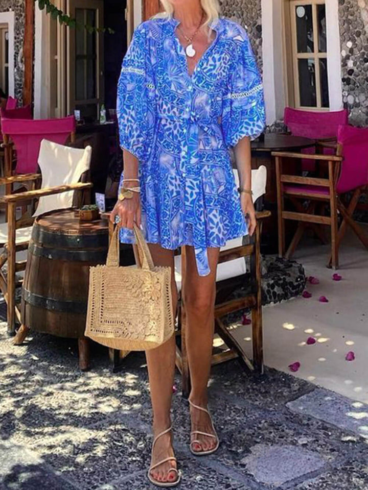 Fashion Stand Collar Shift Printed Resort Mini Dress