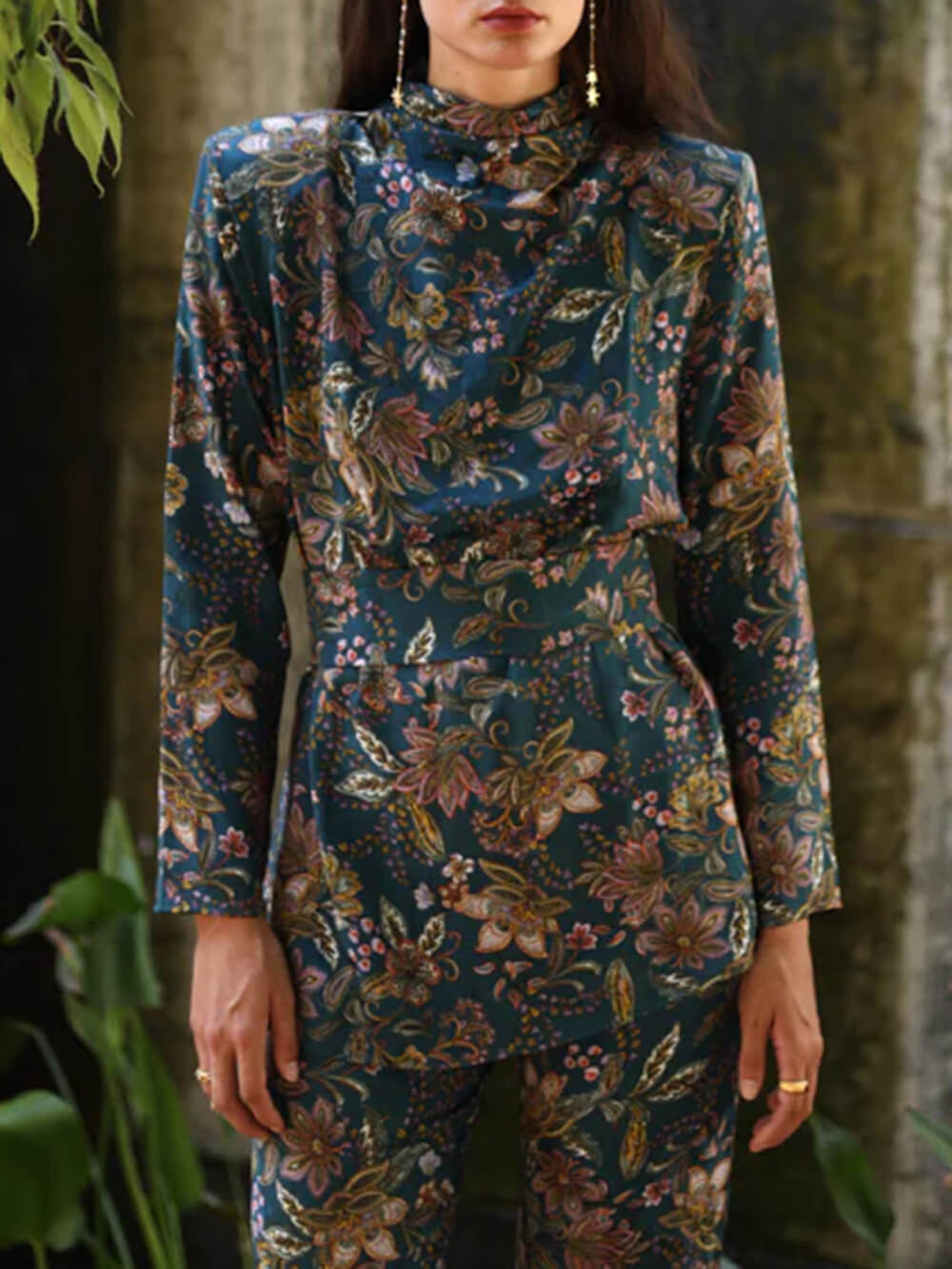 Retro Unique Floral Print Elastic Waist Pocket Pants