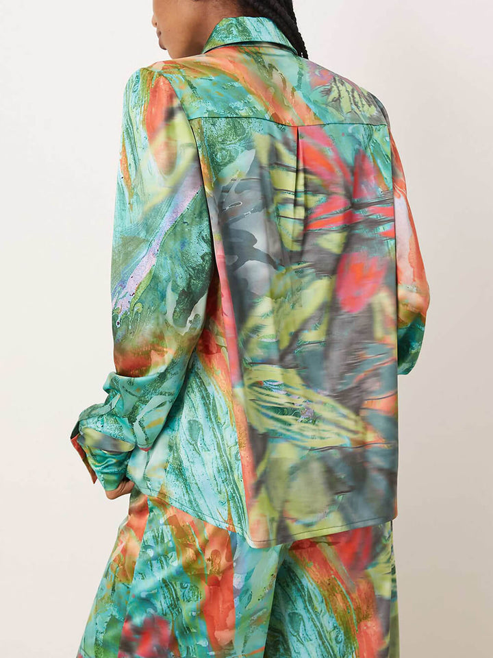 Unique Satin Oil Painting Print Elastic Waist Loose Wide-Leg Pants