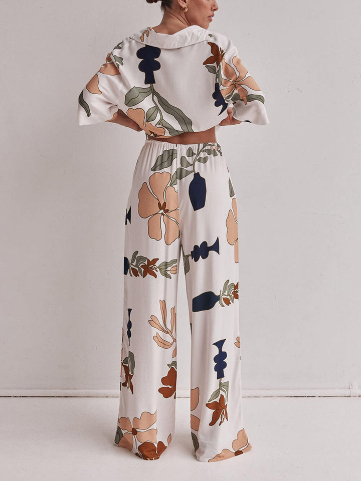 Classic Modern Feel Unique Floral Print Elastic Waistband Drawstring Pockets Wide Leg Pants