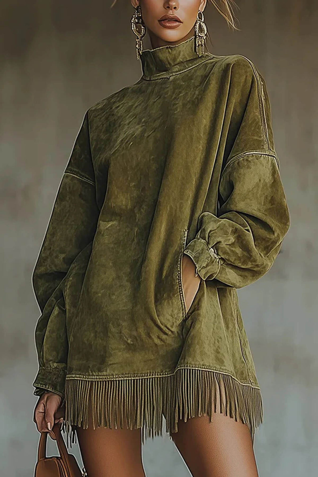 Fashion Tassel Patchwork High Neck Loose Pocket Mini Dress