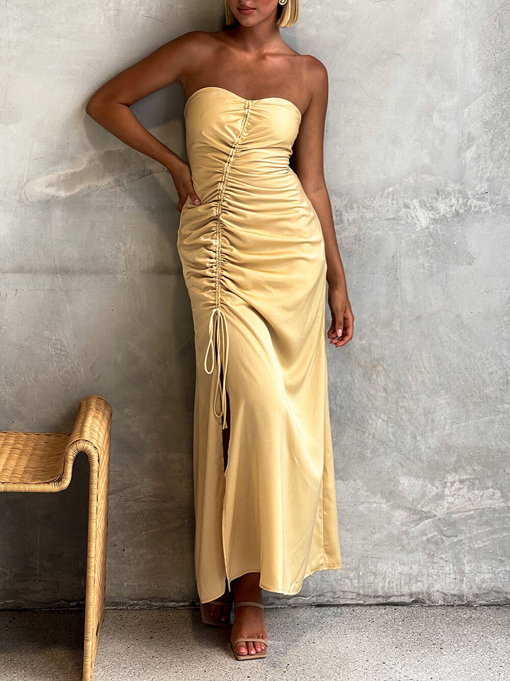Beautiful Drawstring Pleated Halter Back Slit Tube Top Prom Dress