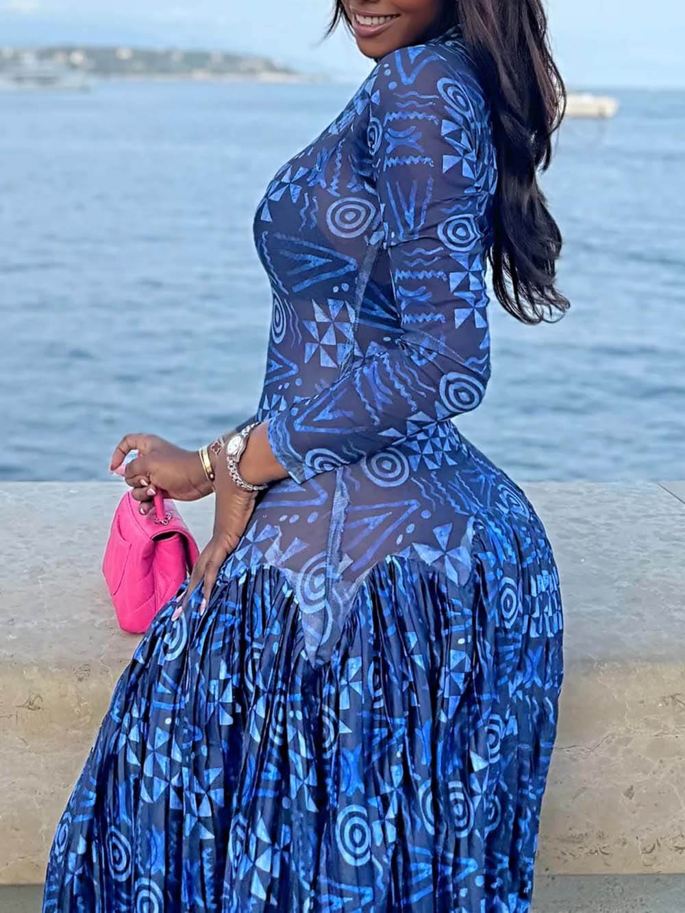 Unique Mesh Ruched Panel Print Stretch Maxi Dress