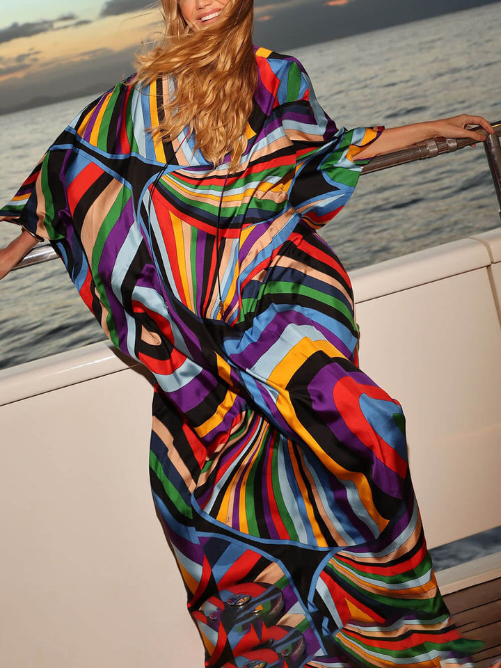 Unique Rainbow Print Bat Sleeves Large Size Loose Holiday Maxi Dress