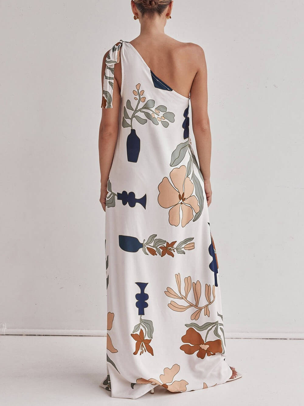 Unique Print One Shoulder Tie-up Pocketed Loose Maxi Dress