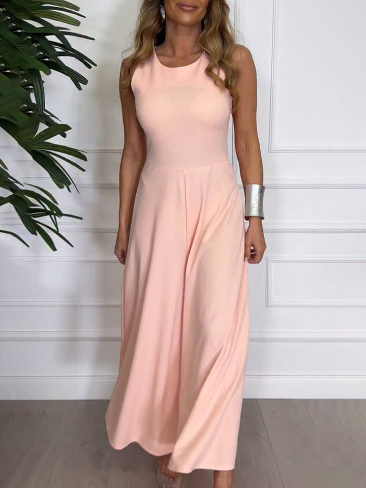 Classic And Elegant Solid Color Round Neck Flared Jumpsuit
