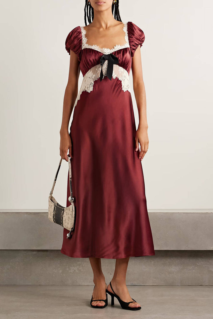 Delicate Bow Detail Lace Panel Satin Midi Dress