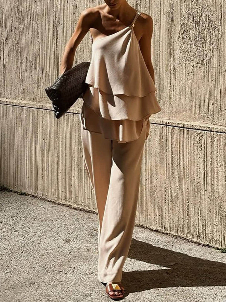 Fashionable And Elegant Solid Color One-Shoulder Collar Layered Vest Top Wide-Leg Pants Two-Piece Set