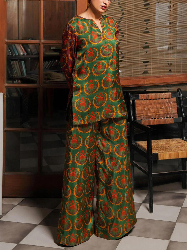 Unique Satin Bold Ethnic Print Loose Elastic Waist Pocket Wide-Leg Pants