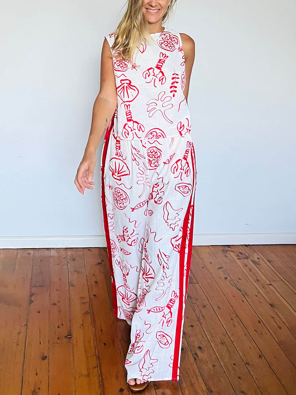 Classic Unique Lobster Print Lace-Up Sleeveless Vest Wide-Leg Pants Set