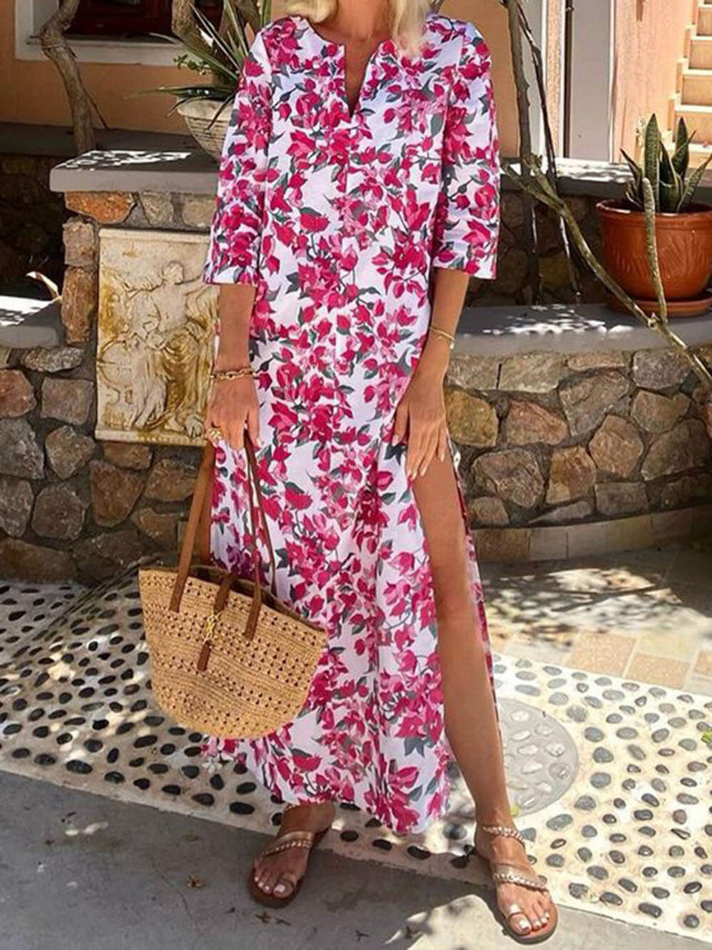 Fashion V-Neck Bohemian Print Maxi Dress