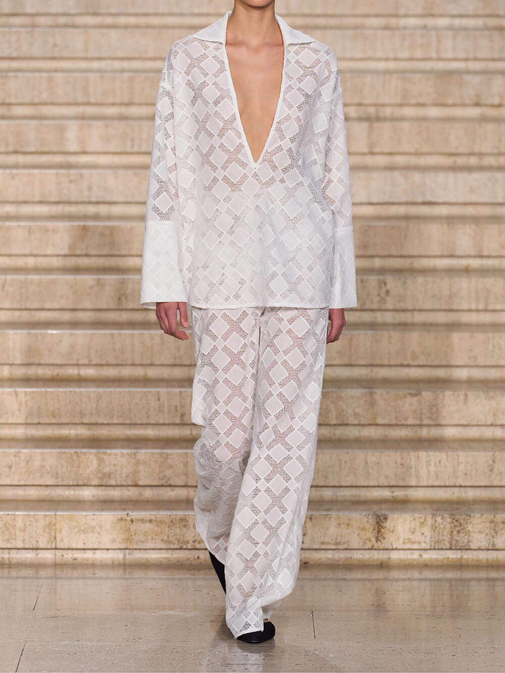 Unique Sheer Lace Panel Elastic Waist Wide-Leg Pants