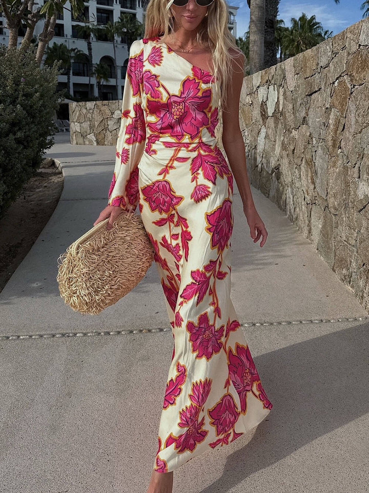 Unique Satin Floral Print One Shoulder Flared Maxi Dress