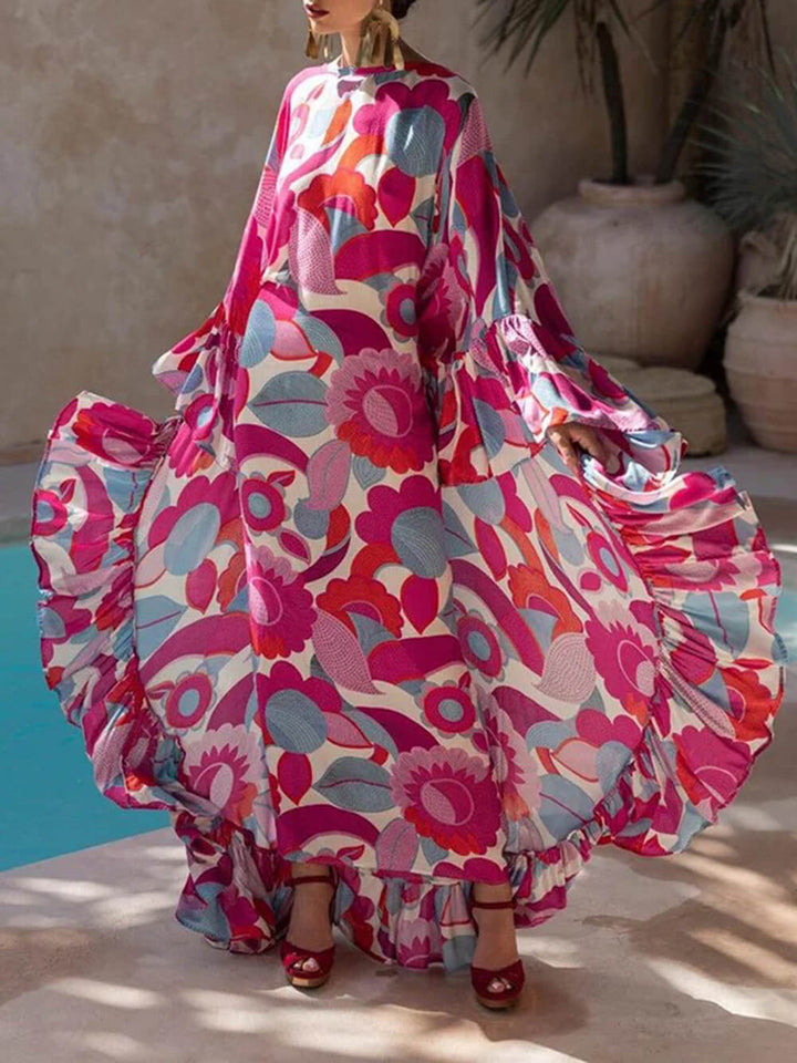 Exquisite Floral Print Pleated Batwing Sleeves Loose-Fitting Maxi Dress