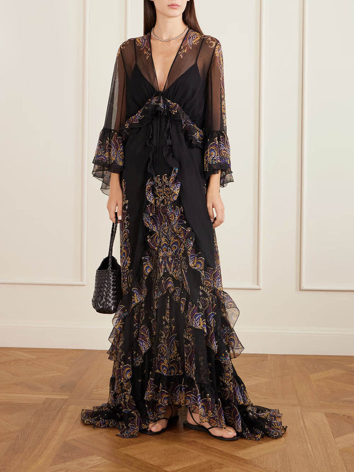 Retro Ruffled Paisley Print Chiffon Maxi Dress
