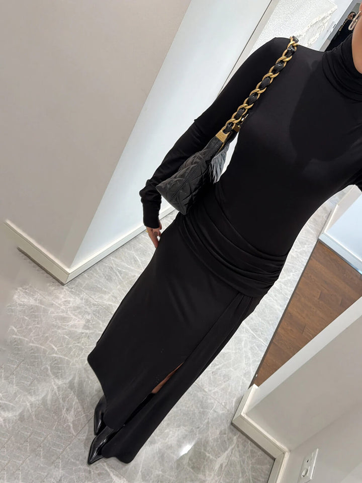 Elegant Black Ruched Waist Slit Maxi Dress