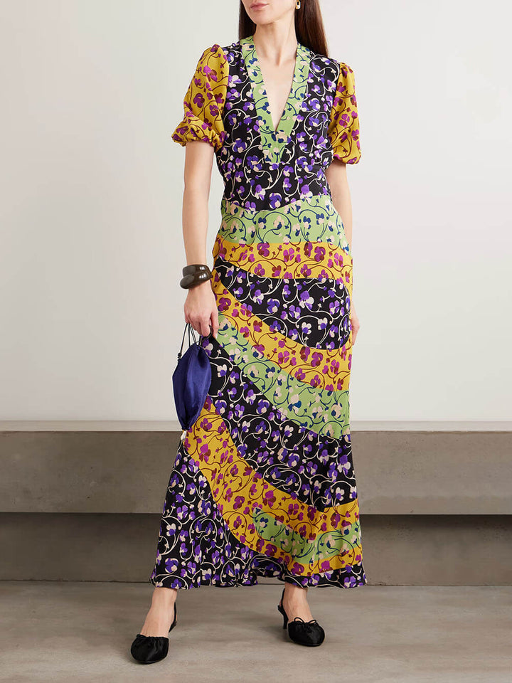 Fashion Color-Block Print Satin Maxi Dress
