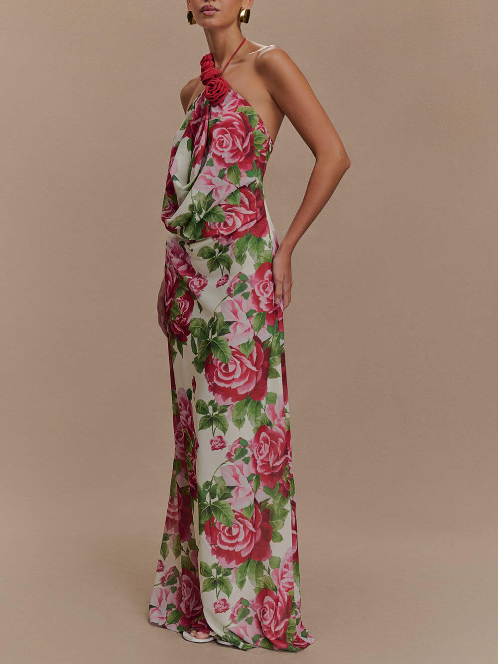 Romance Elegance Rose Printed Applique Cowl Neck Maxi Dress