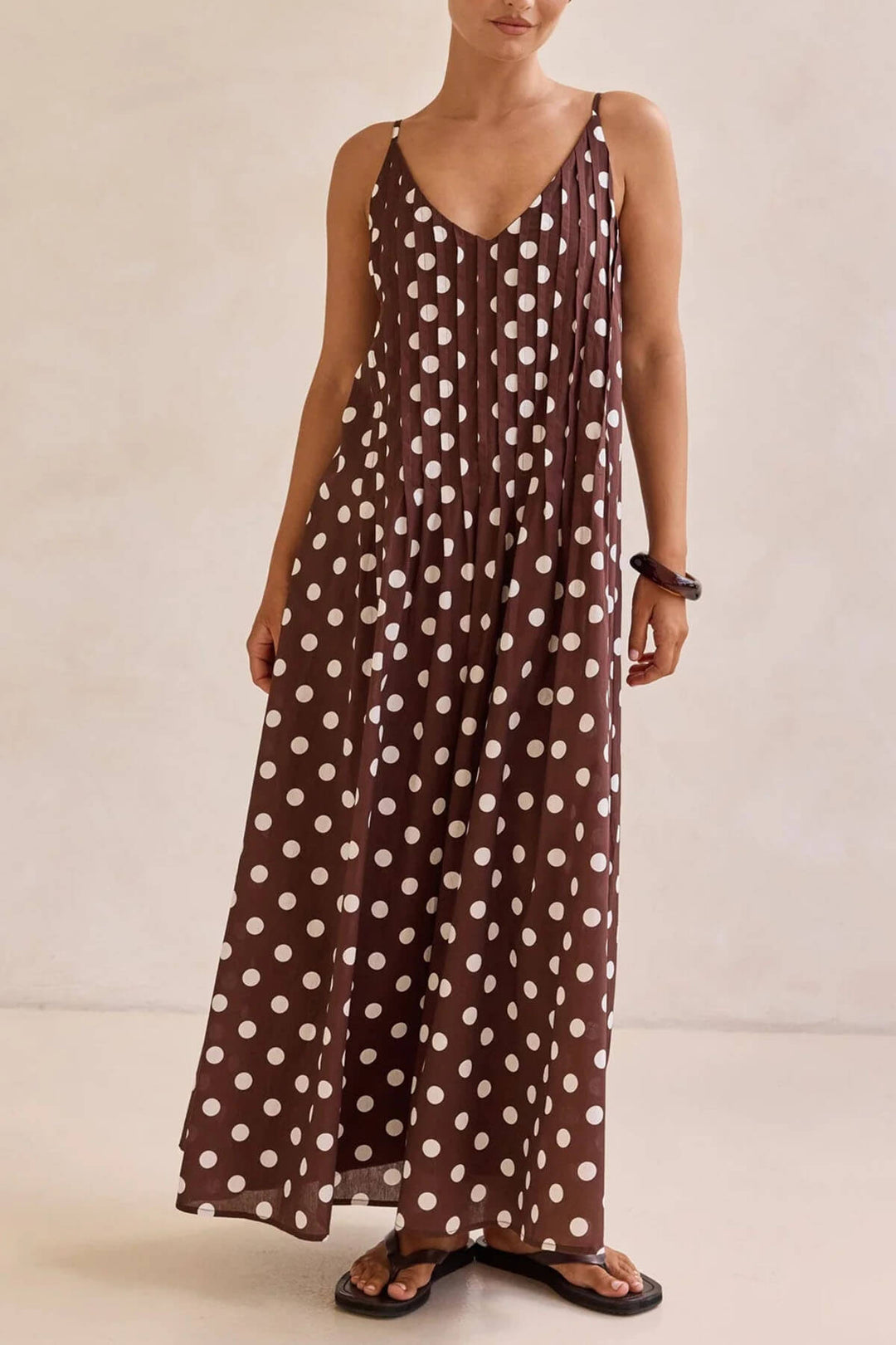 Exquisite Polka Dot Print Pleated A-Line Maxi Dress