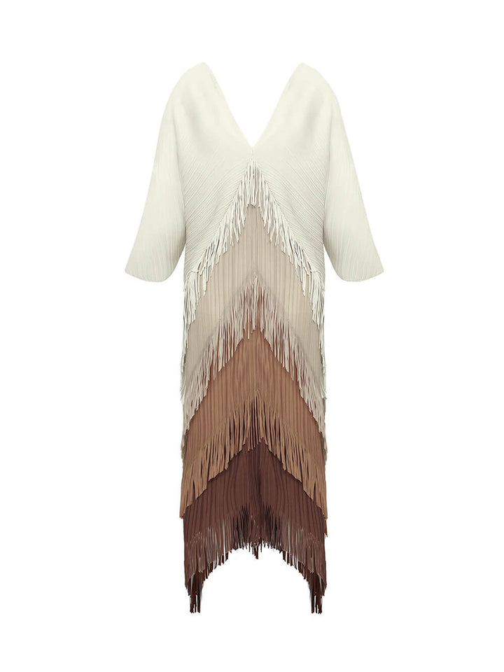 Elegant Pleated Satin Ombre Fringe Detailing Maxi Dress