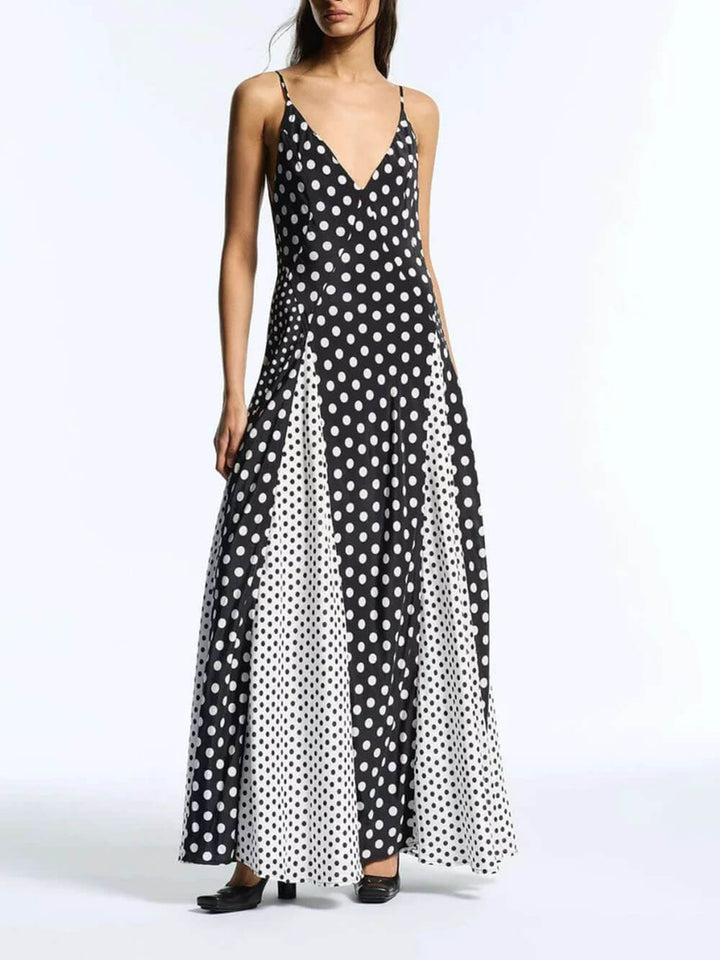 Elegant Color-Block Polka Dot Print Spaghetti Strap A-Line Maxi Dress