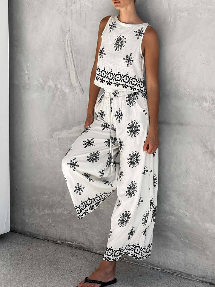 Fashionable And Casual Unique Printed Linen Vest Wide-Leg Pants Set