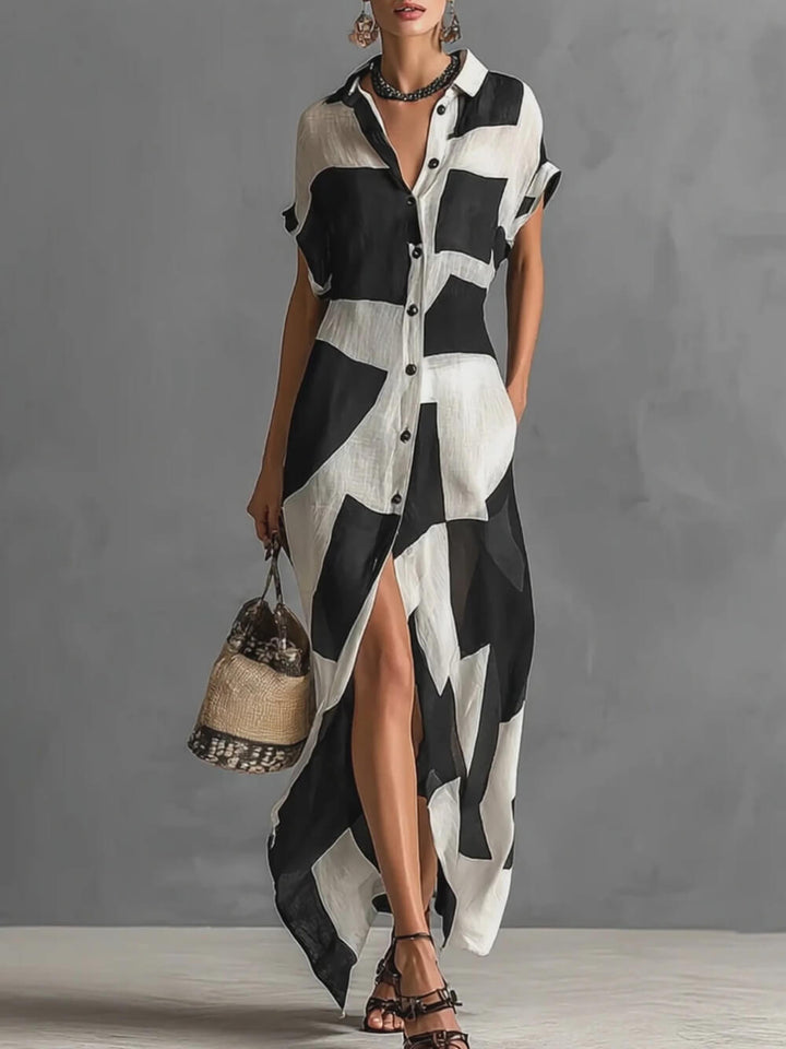 Exquisite Irregular Geometric Print Lapel Single-Breasted Short-Sleeved Maxi Shirt Dress