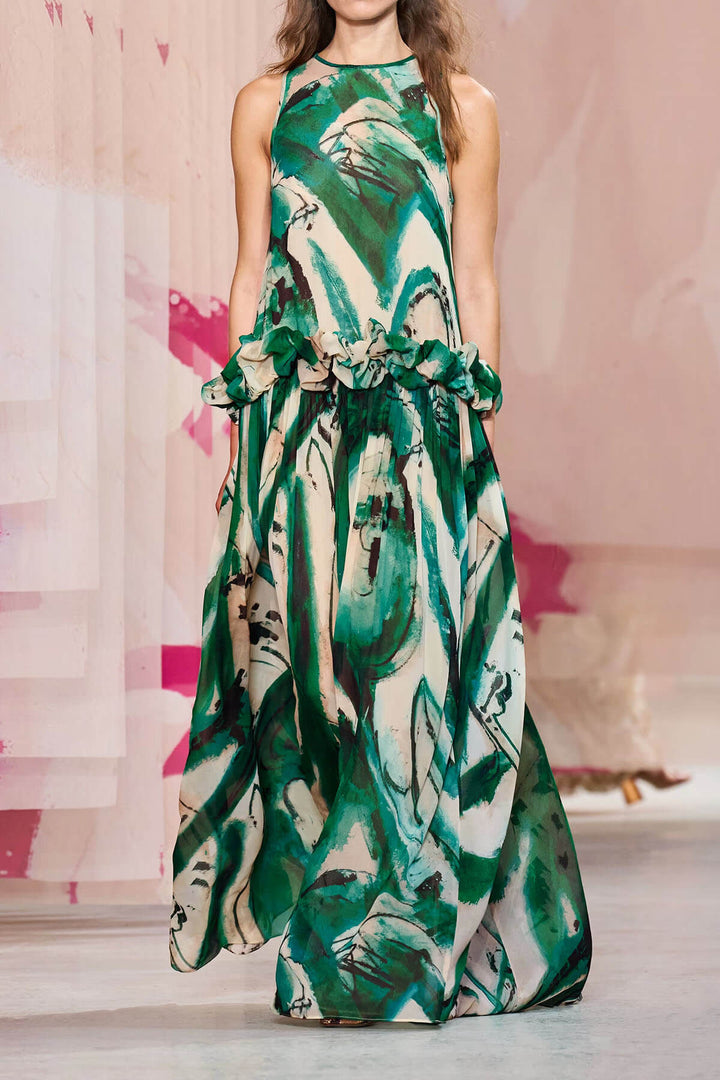 Exquisite Ruffled Print Satin Loose Maxi Dress