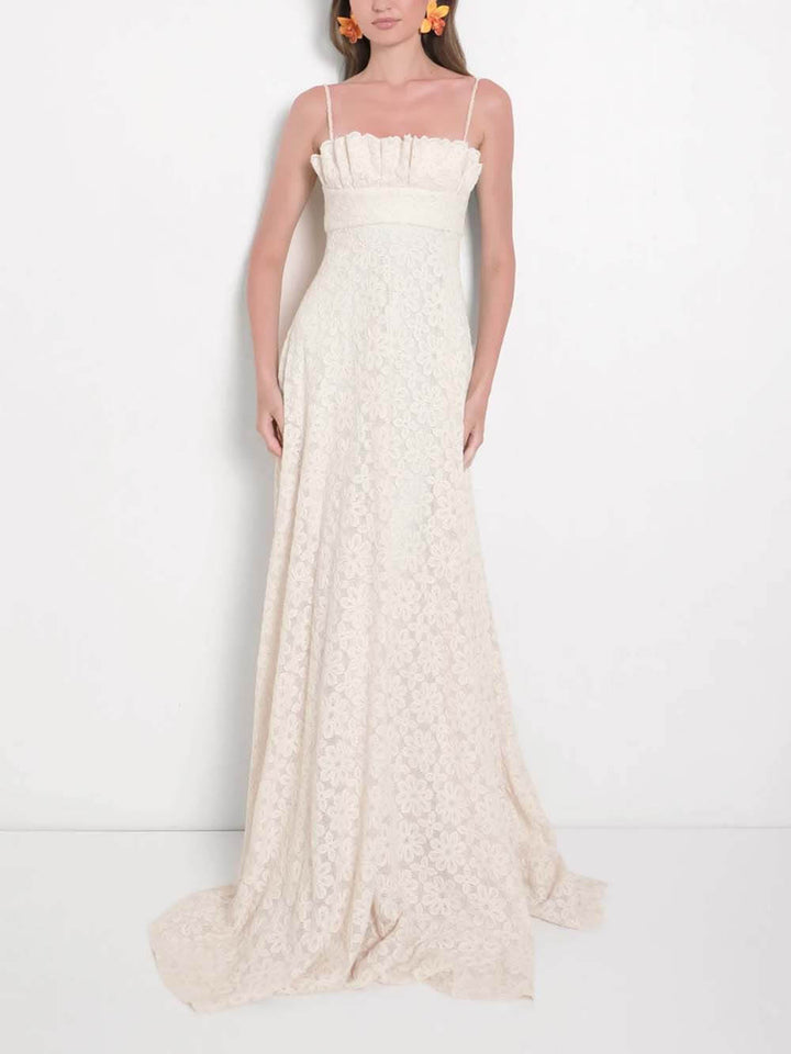 Elegant Lace Floral Ruched Off-Shoulder Crochet Maxi Dress