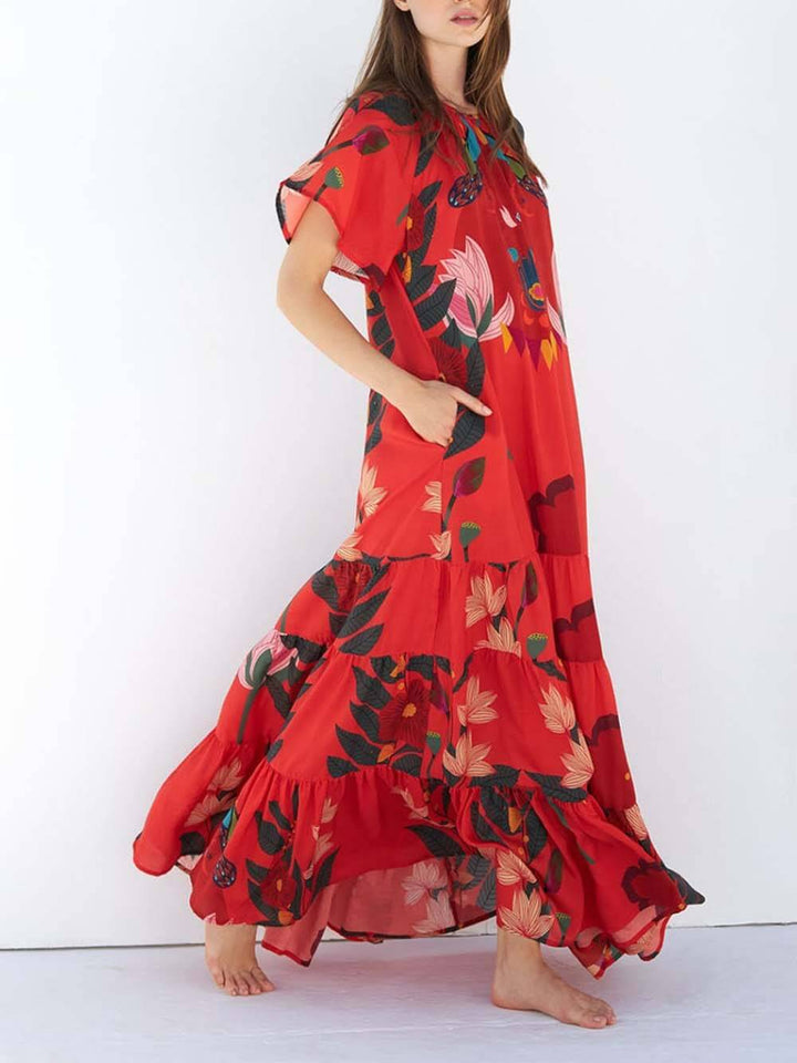 Unique Floral Print Drop-Shoulder Short-Sleeve Maxi Dress