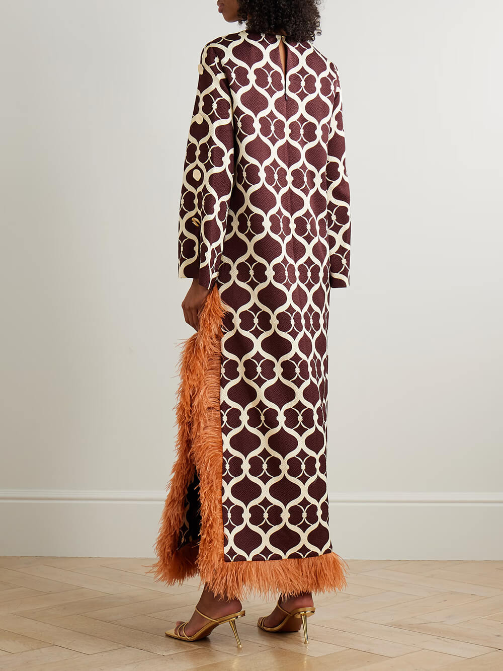 Exquisite Printed Feather-Trim Side-Slit Maxi Dress