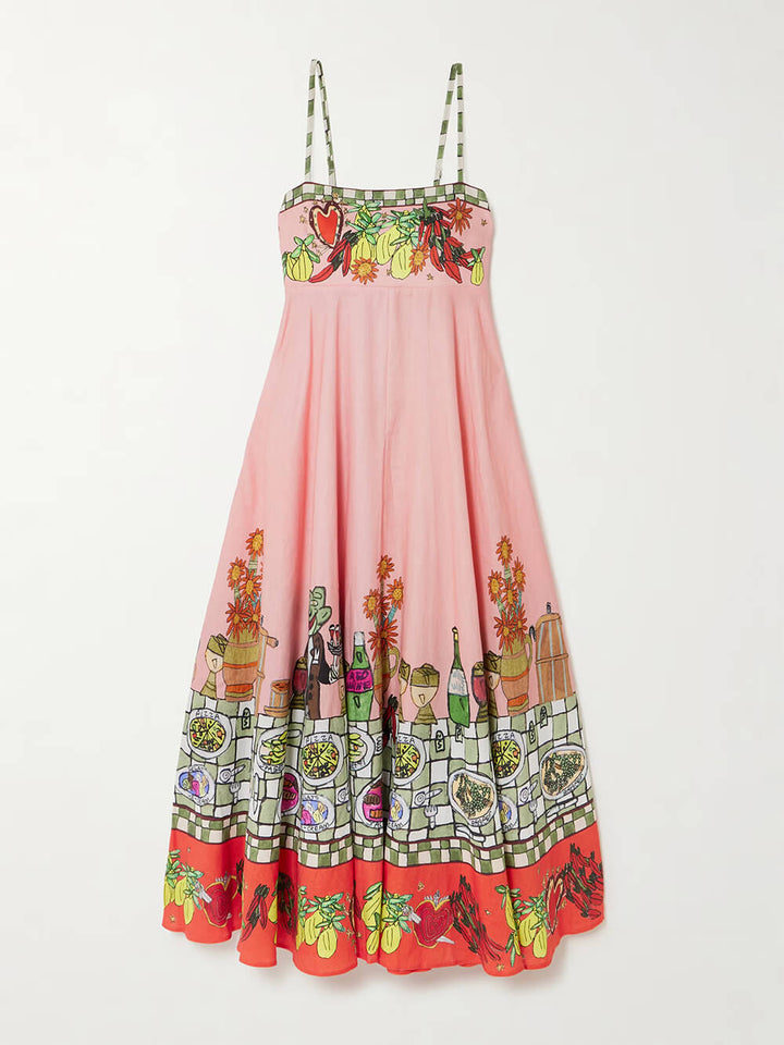 Unique Print Off-Shoulder Linen Midi Dress