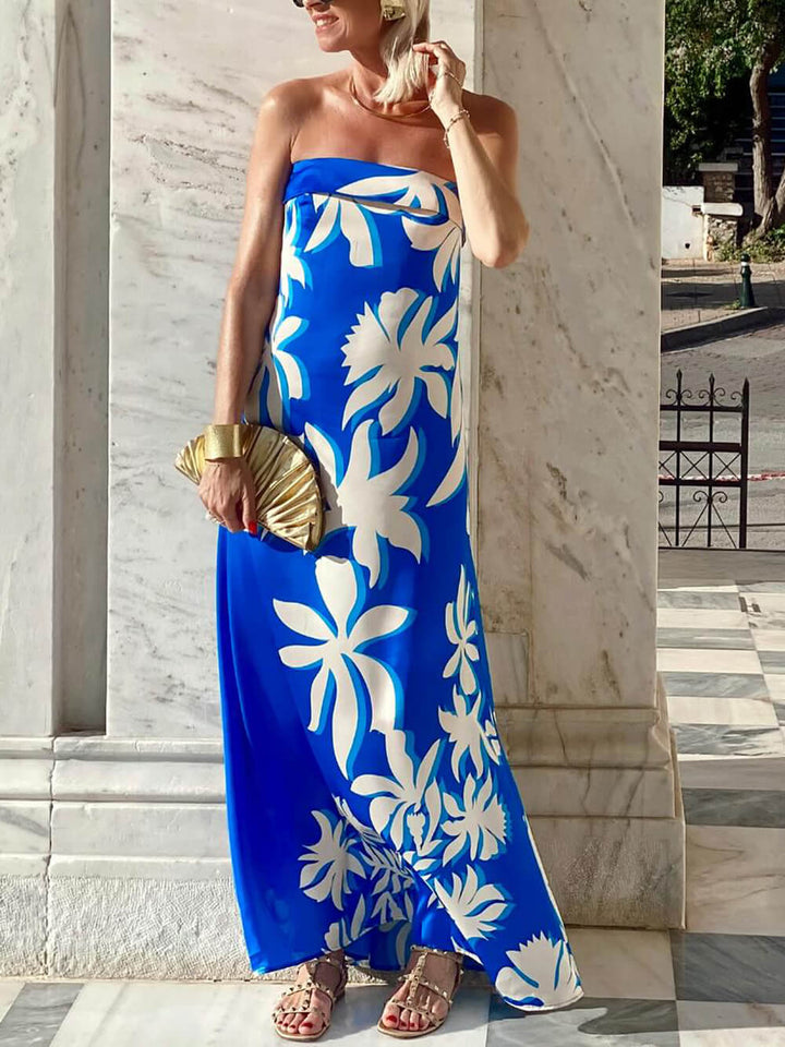 Summer Fashion Vacation Satin Unique Print Off Shoulder Maxi Dress