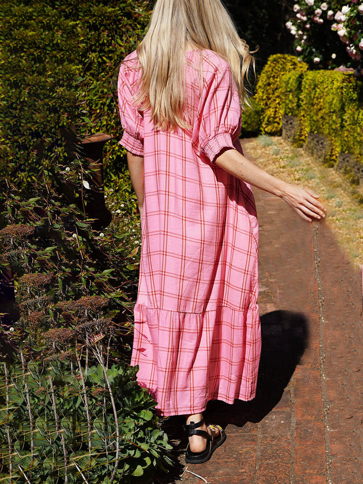 Beautiful Plaid Print With Pleated Puff Sleeves And Ruffled Tiered Maxi Dress