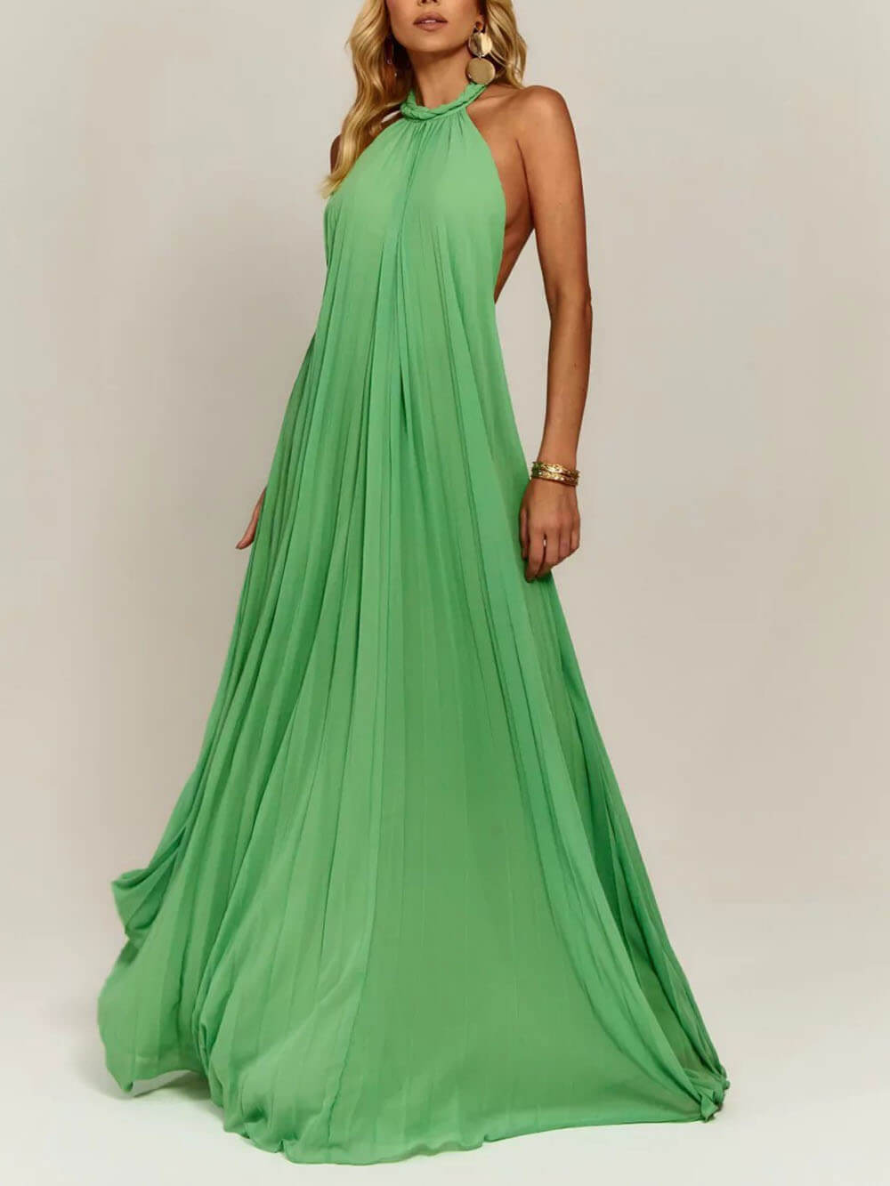 Elegant Chiffon Pleated Braided Halter Neck Backless A-line Maxi Dress