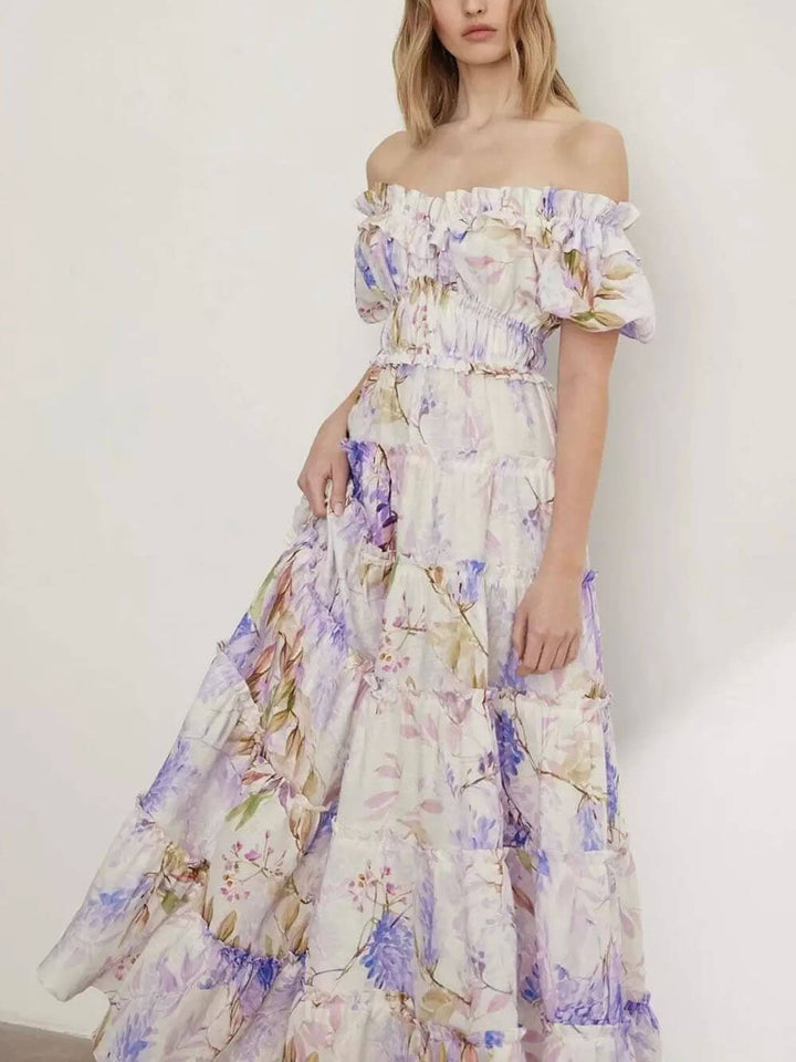 Elegant Off-Shoulder Printed Organza Fairy Evening Gown Maxi Dress