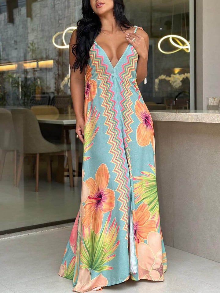 Beachside Floral Print Halter Tassle Backless A-line Maxi Dress