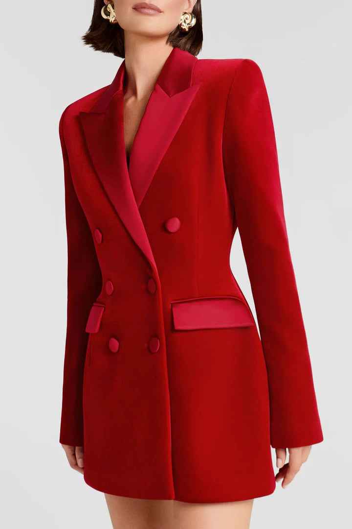 Exquisite Deep Red Double-Breasted Velvet Blazer Mini Dress
