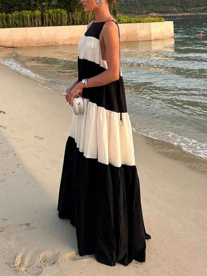 Casual Colorblock Tie-strap Gathered Tiers A-line Maxi Dress