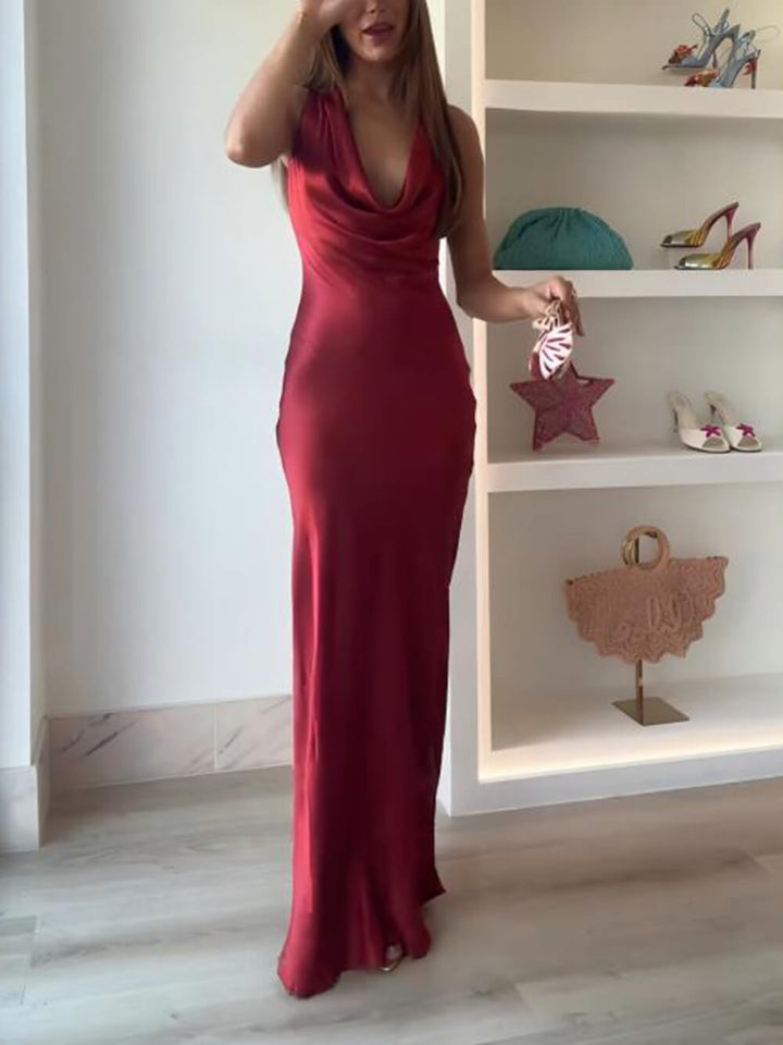 Elegant Pleated Stacked V-Neck Backless Party Maxi Dress