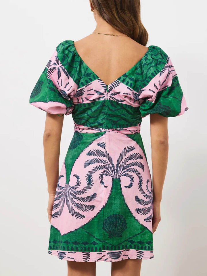 Unique Palm Print Puff Sleeve Mini Dress