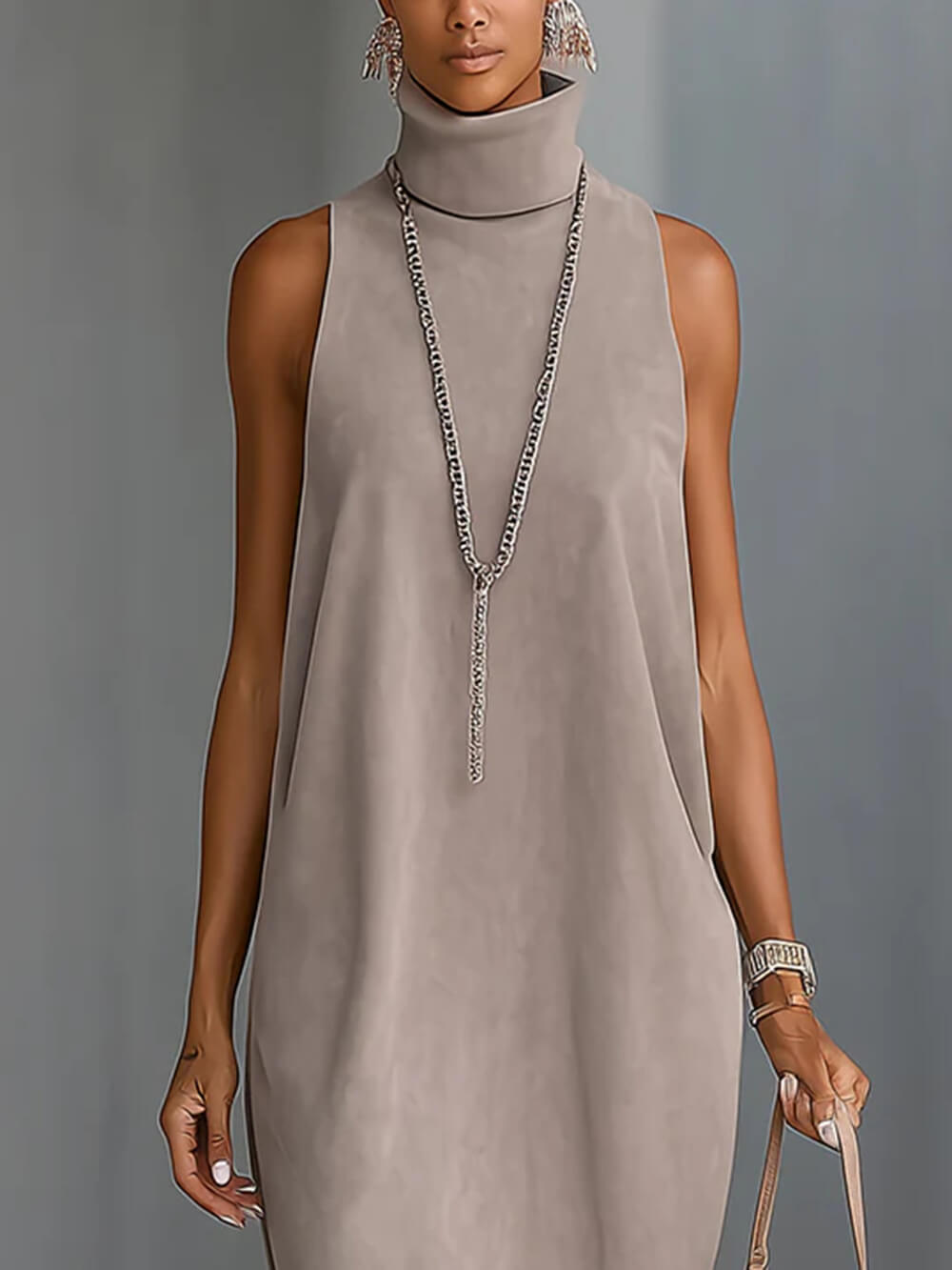 Elegant Faux Suede Fringe Hem Sleeveless Turtleneck Midi Dress