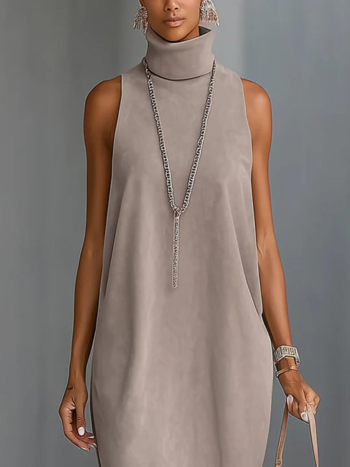 Elegant Faux Suede Fringe Hem Sleeveless Turtleneck Midi Dress