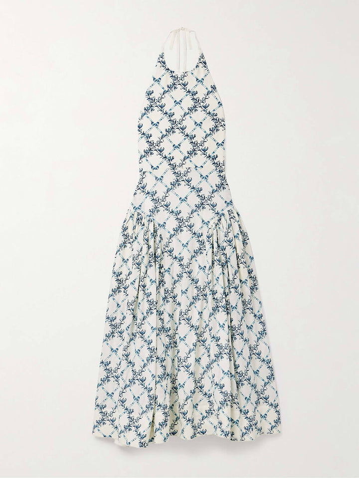 Elegant Floral Print Linen Halter Midi Dress